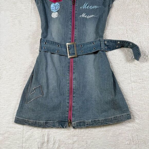 NWT Meow Meow Vintage Y2K Denim Mini Dress Zip Front Belted - Picture 2 of 6